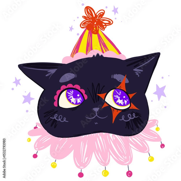 Obraz Flat design cat head is wearing striped party hat, ruffle collar, stars, transparent background
