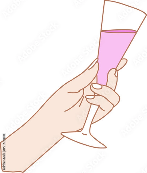 Obraz Left hand is holding tall champagne flute with pink beverage in flat design, transparent background