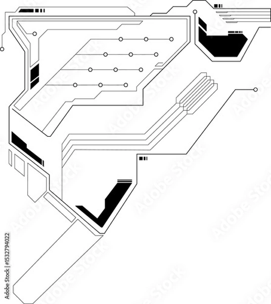 Fototapeta High-tech circuit board element is appearing in transparent overlay, with angular lines and nodes