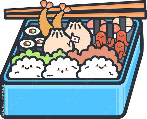Fototapeta Cartoon bento box design is featuring rice balls, shrimp tempura, sushi on transparent background