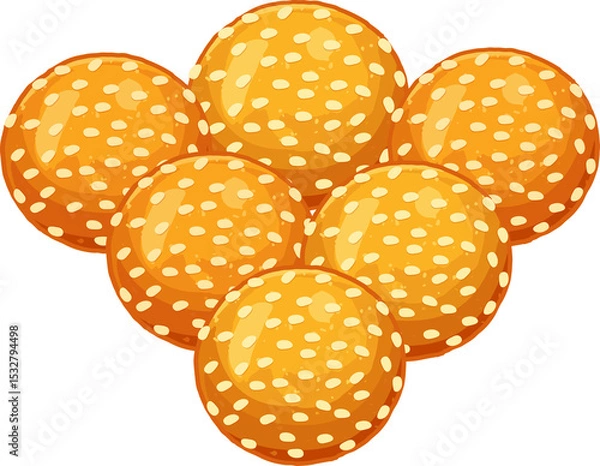 Obraz Six golden sesame seed buns are forming triangular cluster in flat design on transparent background