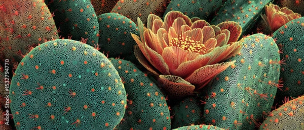 Fototapeta Close up view of a blooming cactus flower surrounded by green cactus pads with red spines visible