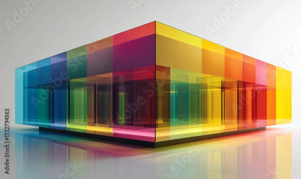 Fototapeta A colorful translucent building structure on a reflective surface against a plain white background