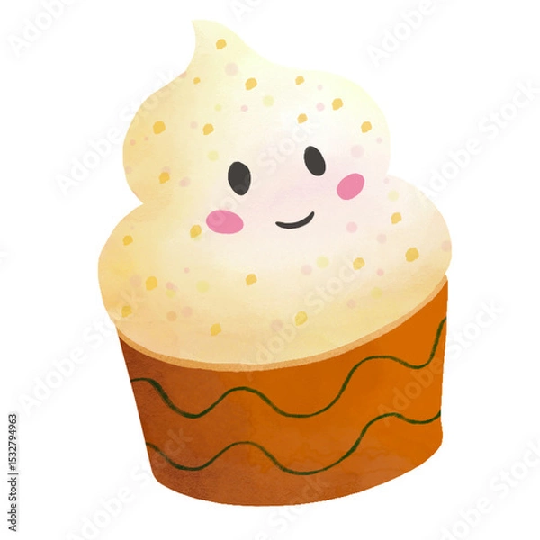 Fototapeta Smiling cream swirl is sitting in flat style on brown cup with green waves, transparent background
