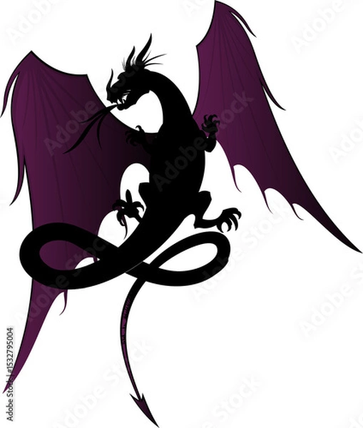Fototapeta Stylized dragon is flying with membrane wings, tail, claws, horns, whiskers, transparent background