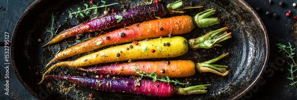 Obraz Colorful carrots arranged in a rustic pan with herbs and peppercorns on a dark background view from above