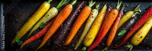 Obraz A top down view of colorful roasted carrots with green tops on a dark baking sheet surface