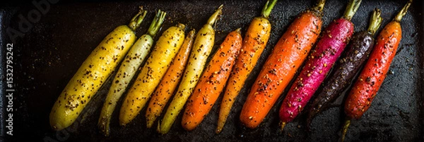 Obraz A vibrant array of roasted carrots in various colors arranged on a dark baking sheet close up view