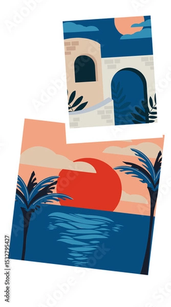 Fototapeta Polaroid-style illustration is showing facade with sunset sea and palms on transparent, copy space