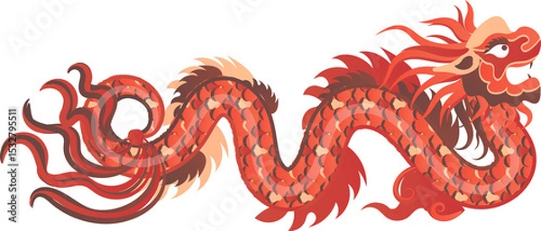 Fototapeta East Asian dragon is undulating in flat art with scales, whiskers, clouds, transparent background