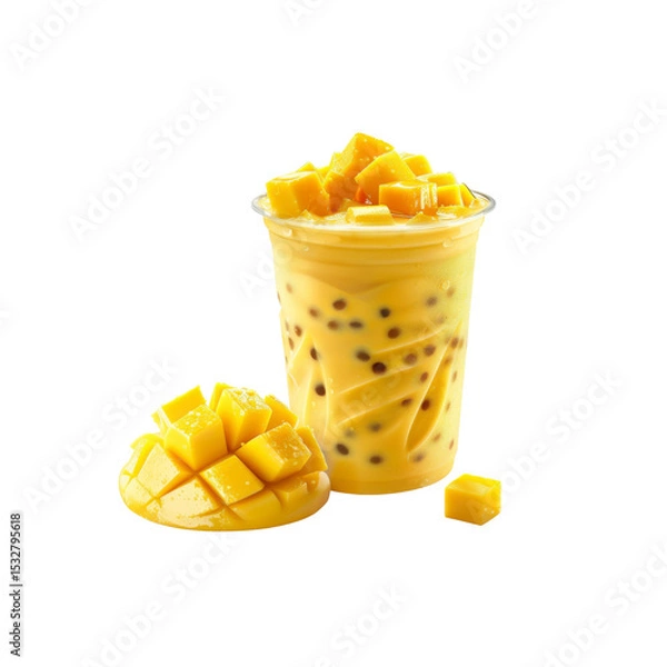 Obraz Refreshing Mango Bubble Tea with Cubes of Fresh Mango