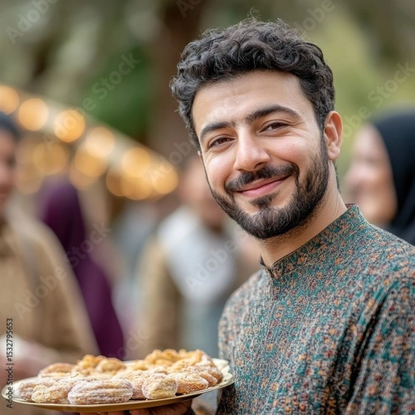 Fototapeta Happy Man Sharing Sweets with Joyful Expressions