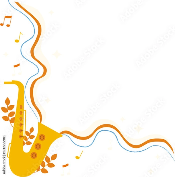 Fototapeta Stylized yellow saxophone is sending ribbons foliage notes sparkle stars on transparent background