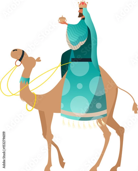 Obraz Crowned bearded king is riding camel in flat style with gold reins, jar, transparent background