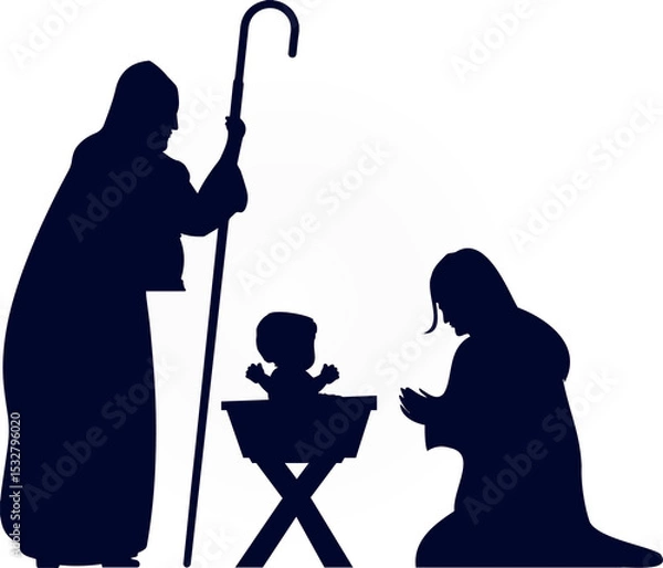 Obraz Nativity silhouette is showing light circle with infant in manger and staff on transparent backdrop