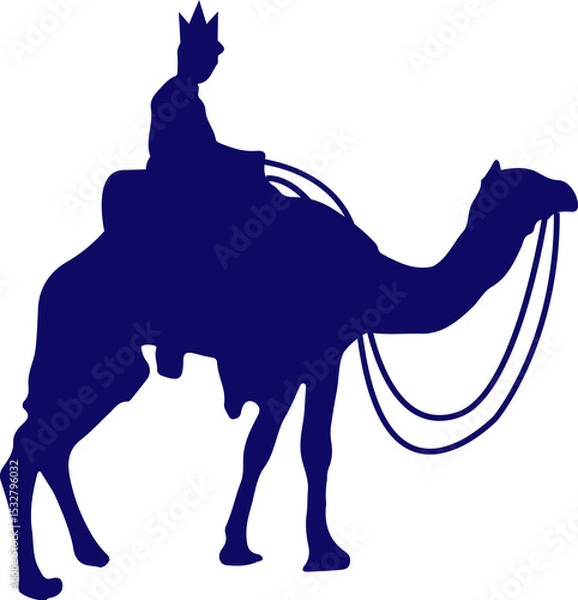 Obraz Crowned rider is riding camel in flat silhouette design, showing transparent backdrop and reins