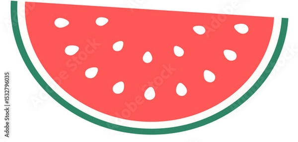 Fototapeta Flat vector watermelon slice showing red flesh, white seeds, green rind on transparent background