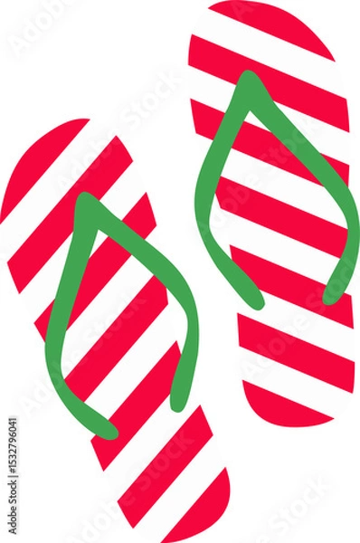 Obraz Two striped flip-flops are lying in top-down flat style with green straps, transparent background
