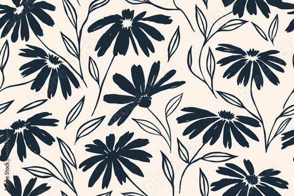 Obraz Hand drawn seamless flower pattern with leaves, black floral vector on white background.