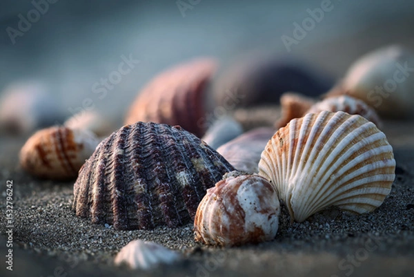 Obraz A close up shot of assorted seashells scattered on a sandy beach with a blurred background