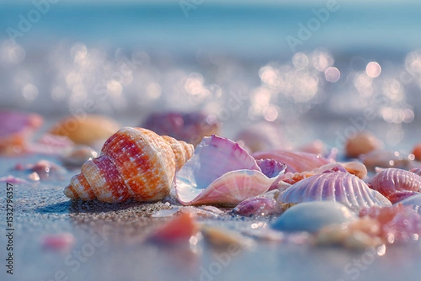 Fototapeta A collection of seashells scattered on the beach with ocean waves in the soft blurred background