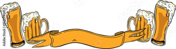 Fototapeta Gold ribbon banner is being flanked by frothy beer mugs, tall glasses in transparent vector art