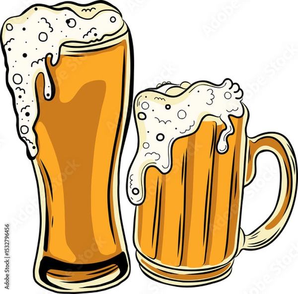 Fototapeta Pair of frothy beer glasses sitting on transparent background, showing tall pilsner and classic mug