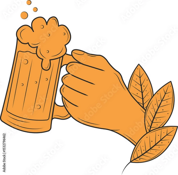 Fototapeta Stylized hand is holding frothy beer mug in orange vector with leaves on transparent background