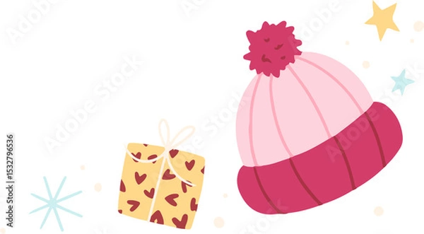 Fototapeta Flat vector winter hat and gift box are floating on transparent background with stars and dots