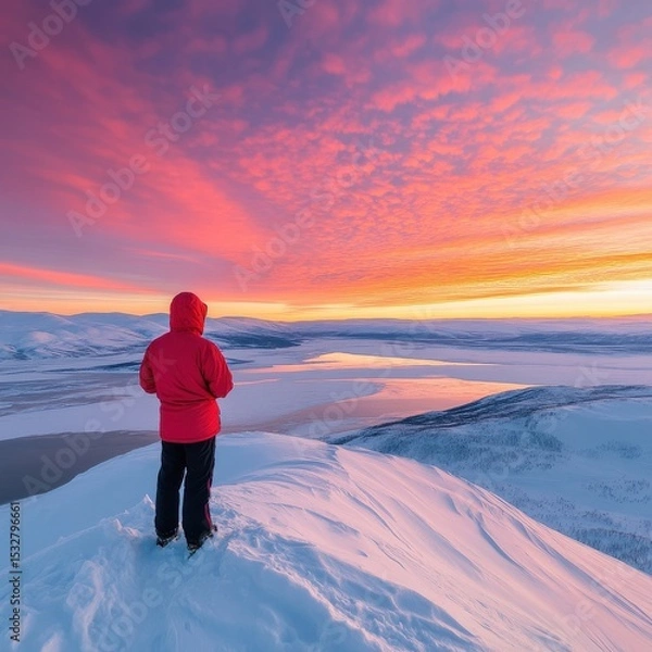 Fototapeta Hiker in Red Parka on Snowy Hill at Sunset