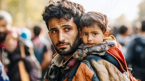 Fototapeta Emotional Moment of Displaced Father with Child in a World of Empathy