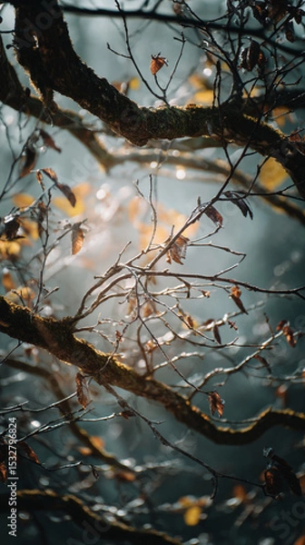 Obraz A close up of autumn branches with leaves and moss against a blurred background with soft sunlight