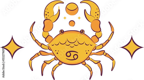 Fototapeta Stylized yellow crab is floating on transparent background with Cancer glyph and starburst motifs