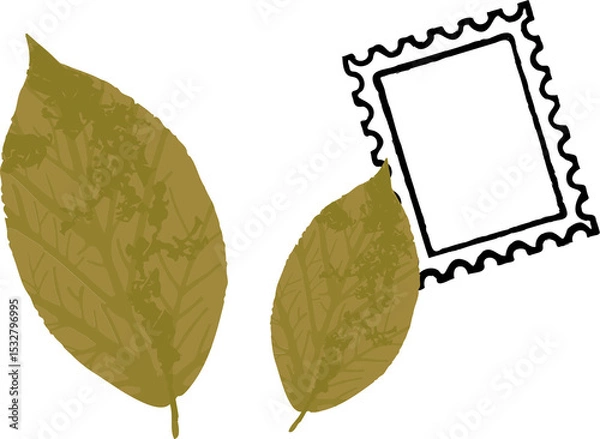 Fototapeta Featuring two olive-toned leaves and flat black scalloped stamp frame on transparent background