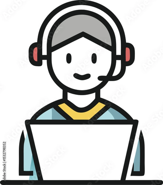 Fototapeta 

Person with headset and laptop (online support or learning)
 Line icon of a person with a headset sitting at a laptop, flat design with soft yellow and blue tones, symbolizing remote support

