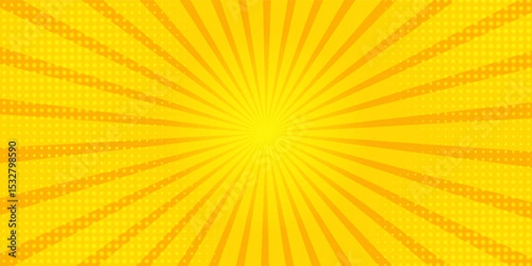 Obraz Abstract orange comic background. Art pop cartoon backdrop. Halftone effect pattern. Fun anime texture. Starburst manga style bg. Mark popart radial gradient. Spiral, swirl, comic rays.