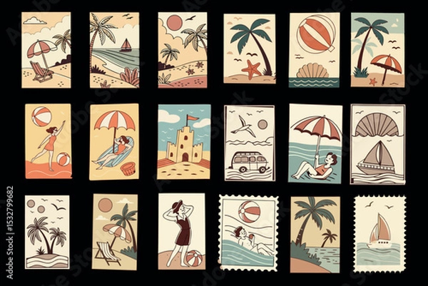 Fototapeta Set of vintage postage stamps and cards with floral designs in colorful collage style