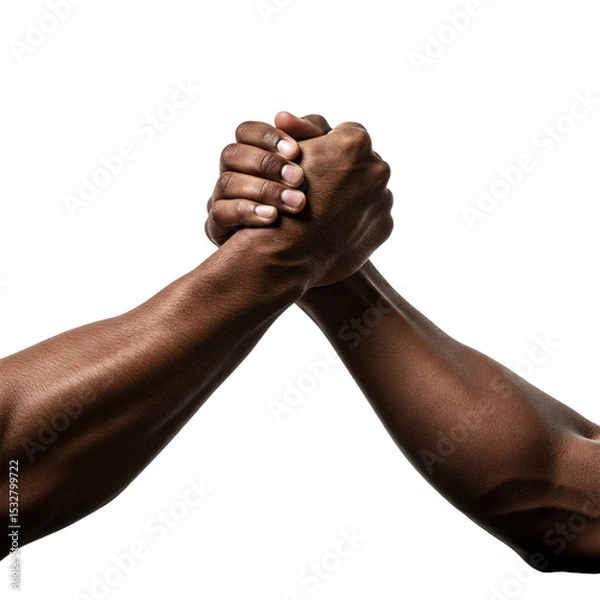 Fototapeta Intertwined Arms and Hands: A Close View of Two Individuals with Dark Skin in a Strong Grip, Suggesting Unity or a Test of Power on a Light Surface