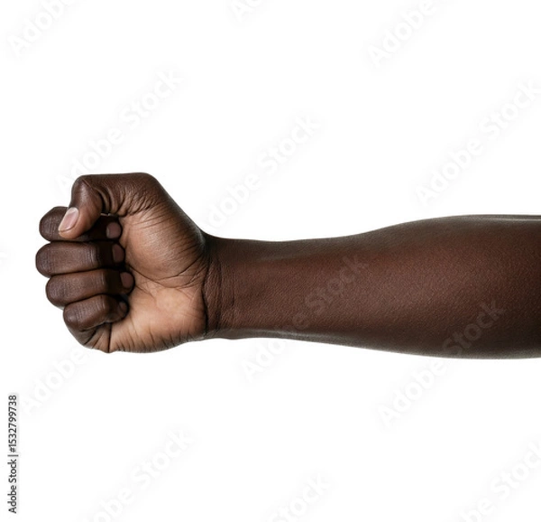 Fototapeta one Raised Fists: A Close-Up of Dark-Skinned Hands Clenched Tightly, Extending Upwards Against a Bright White Background, Suggesting Empowerment