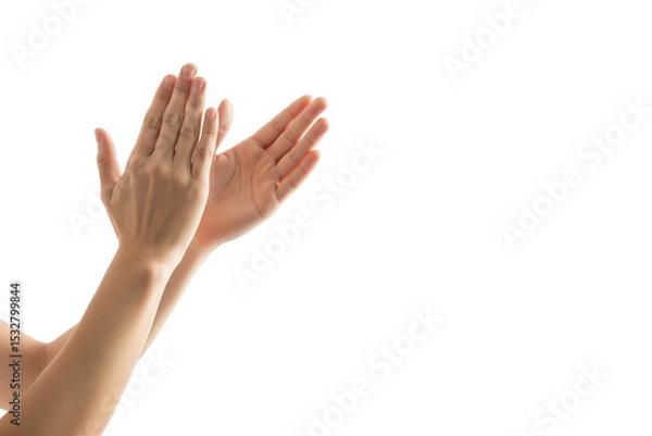 Fototapeta Close-up of female hands clapping against white background, expressing approval, appreciation, celebration, support, encouragement, recognition, positivity, and unity on transparent background