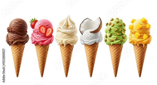 Fototapeta A delightful array of six ice cream cones, each boasting a unique and colorful flavor, small slices of fruit on top, lined up against a bright white backdrop on transparent background