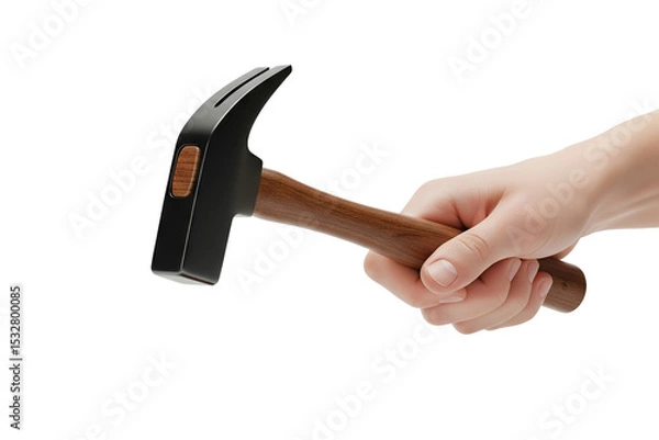 Fototapeta A female hand firmly grips a black and brown hammer, showcasing a strong woman using a common tool used for construction and household tasks on transparent background