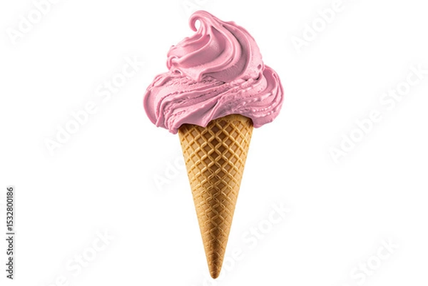 Fototapeta A single, perfectly swirled scoop of rich strawberry ice cream sits enticingly on a classic waffle cone on transparent background