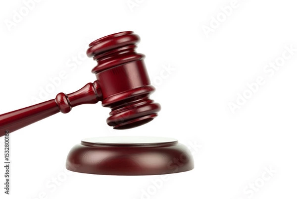 Fototapeta Wooden gavel poised above sound block symbolizes justice, legal decision-making, courtroom authority, judgment, fairness, and rule of law  on transparent background
