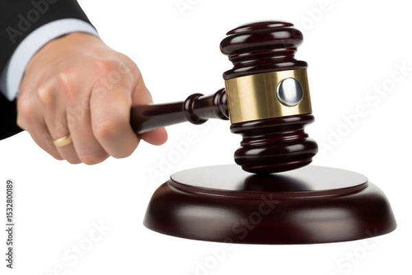 Fototapeta A hand in a suit sleeve holds a wooden and silver gavel above its striking block, isolated on white, signifying legal proceedings on transparent background