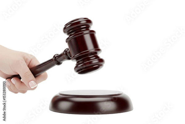 Fototapeta A female hand firmly holds a wooden gavel, poised above its round block, symbolizing justice and authority on transparent background