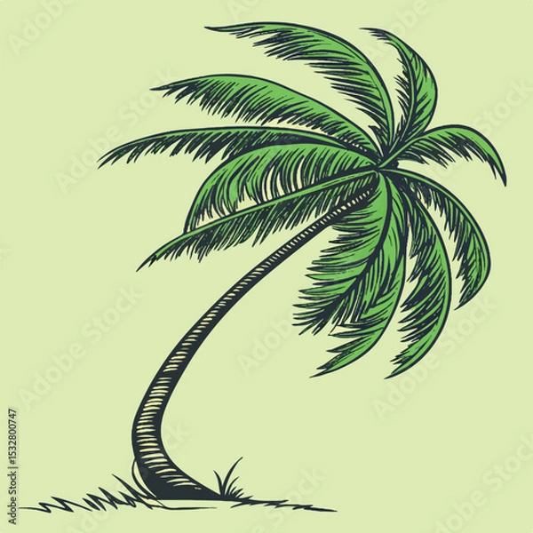Obraz Realistic 3D palm tree bending in the wind, perfect for coastal visuals, summer themes, and beach designs.