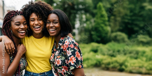 Fototapeta A Cheerful Group with Afro-textured Hair and Braids Embrace, Radiating Joy and Friendship Against a park Backdrop.