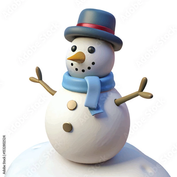Obraz Cheerful 3D snowman with scarf and arms raised, perfect for festive cards and winter celebration themes.