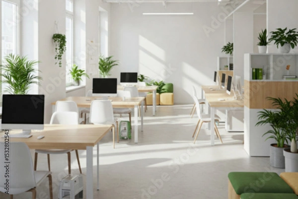 Fototapeta Blurry image of a Bright Modern Office Space: Clean White Desks with Computers and Chairs in a Well-Lit Area with Large Windows Overlooking a Cityscape to be used as background